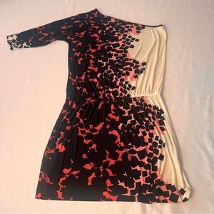 Tibi Asymmetrical Cream, Red, Pink and Black Sheath One Shoulder Dress Sz Small
